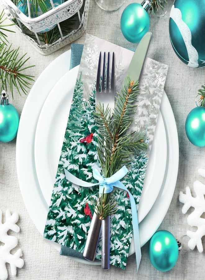 JarThenaAMCS مناديل جارثينا إيه إم سي إس الشتوية، 100 قطعة، للاستخدام مرة واحدة، مزينة بنقشة شجرة الصنوبر، غابة ثلجية شتوية، طائر الكاردينال الأحمر، مناشف يد، مناديل عشاء مزخرفة للحمام والمطبخ والمنزل وحفلات الأعياد - Image 5